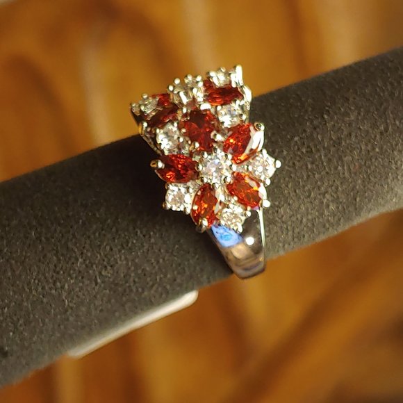 Garnet & White Sapphire Flowers Cocktail Ring - Picture 9 of 16